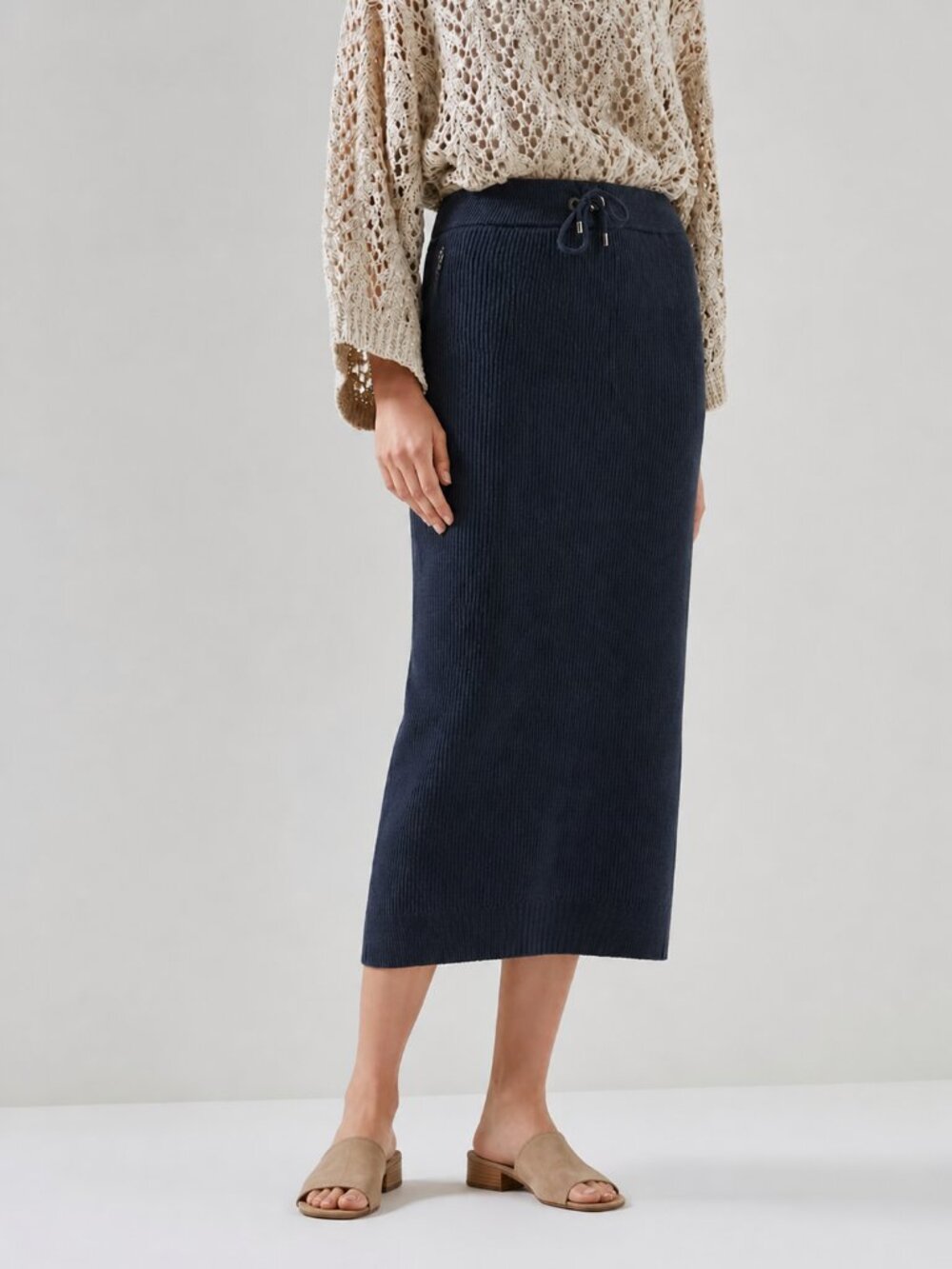 Brunello Cucinelli Navy Skirt English Rib Knit Drawstring Body Hugging Size XXS